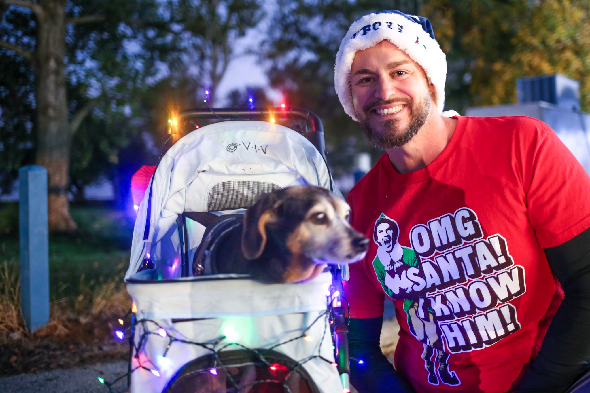A dog in a stroller among race walkers at Prairie Lights